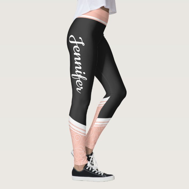 Stylish black & pink floral white stripes and name leggings (Right)