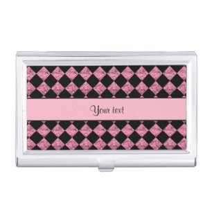 Stylish Black & Pink Glitter Checkers Business Card Holder