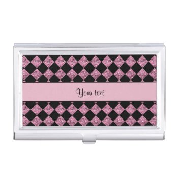 Stylish Black & Pink Glitter Checkers Business Card Holder by kye_designs at Zazzle