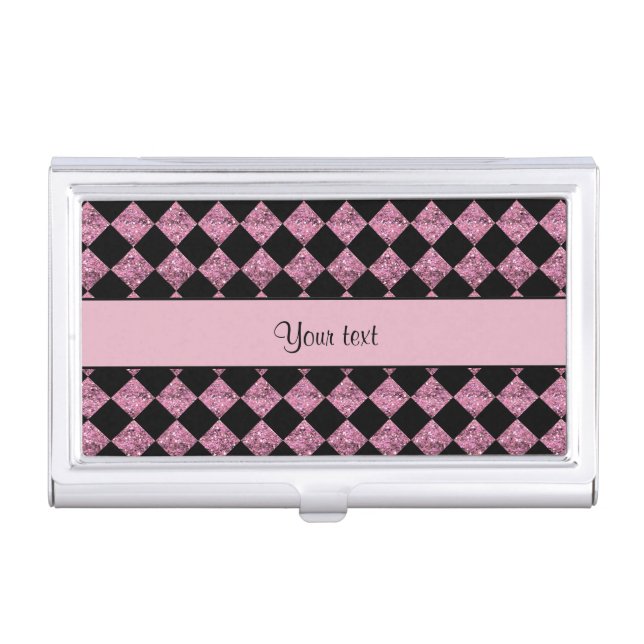 Stylish Black & Pink Glitter Checkers Business Card Holder (Front)