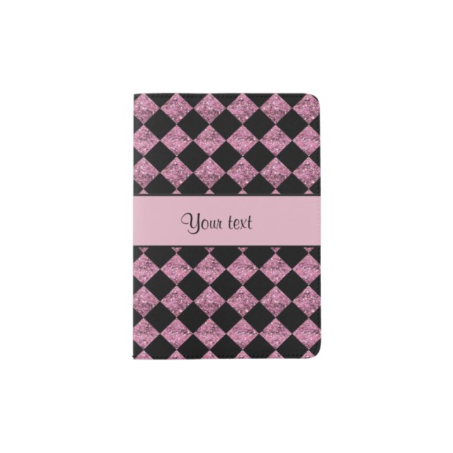 Stylish Black & Pink Glitter Checkers Passport Holder (Front)
