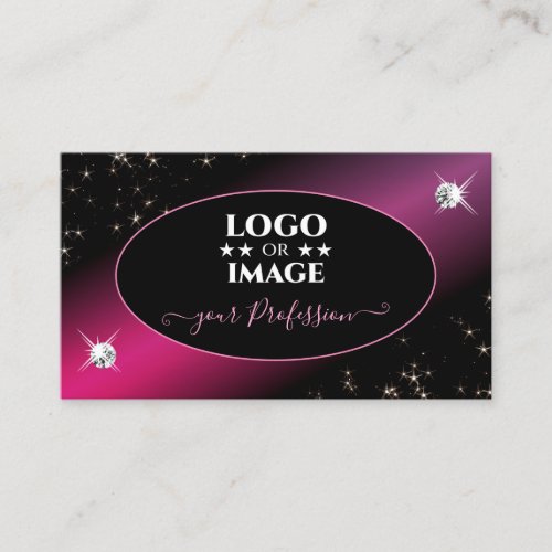 Stylish Black Pink Glitter Stars Diamonds Add Logo Business Card