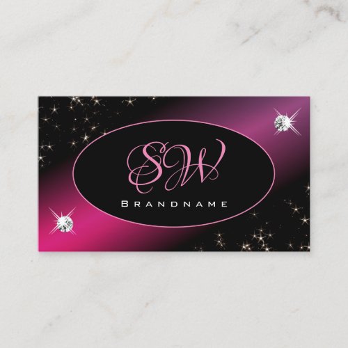 Stylish Black Pink Glitter Stars Diamonds Initials Business Card