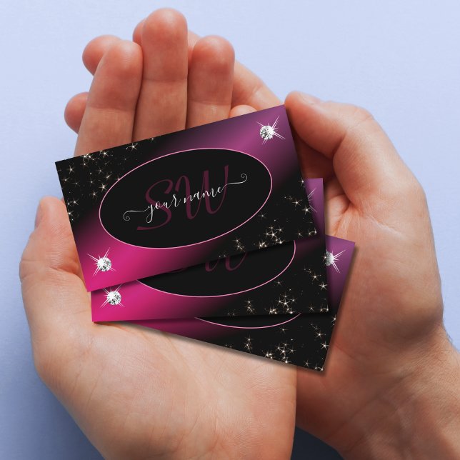 Stylish Black Pink Glitter Stars Diamonds Monogram Business Card (Creator Uploaded)