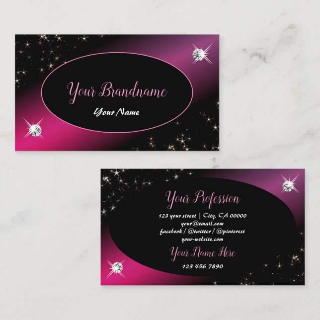Stylish Black Pink Glitter Stars Sparkle Diamonds Business Card (Front/Back)