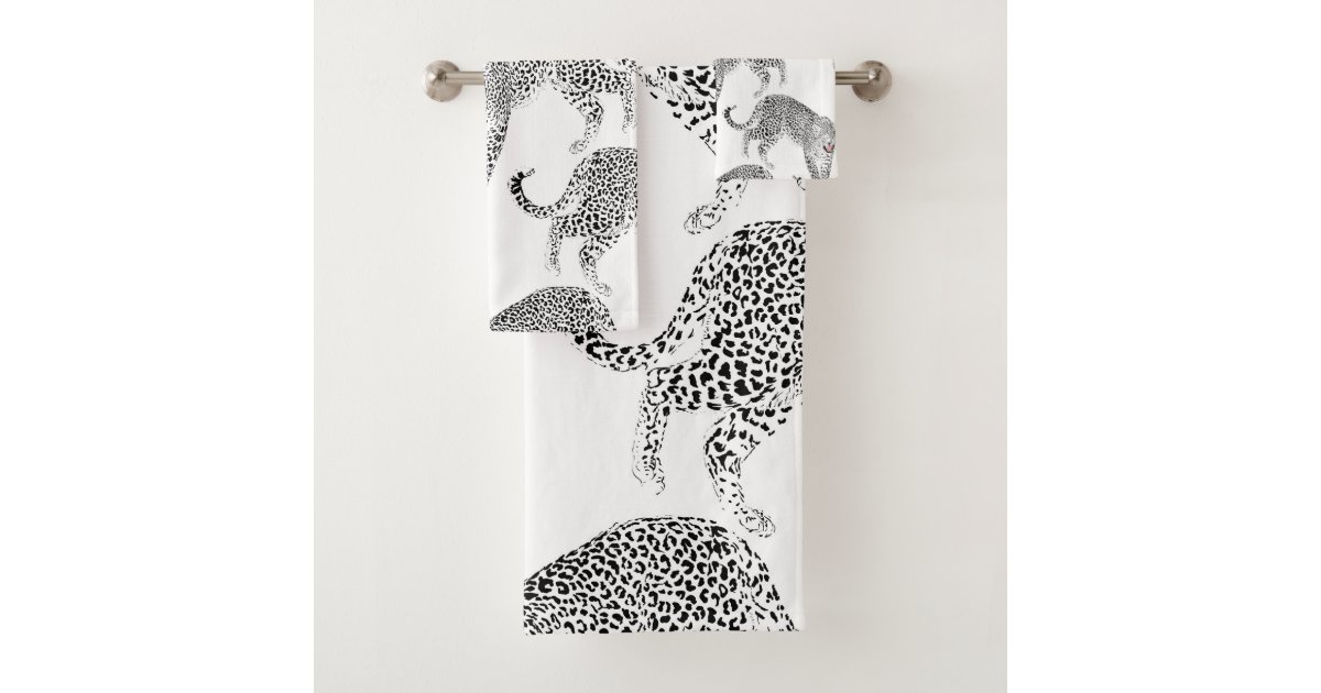 Stylish Black & Pink Leopard Animal White Design Bath Towel Set | Zazzle