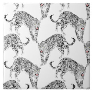 Stylish Black & Pink Leopard Animal White Design Ceramic Tile