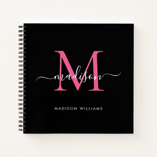 Stylish Black Pink Monogram Initial Script Name Notebook