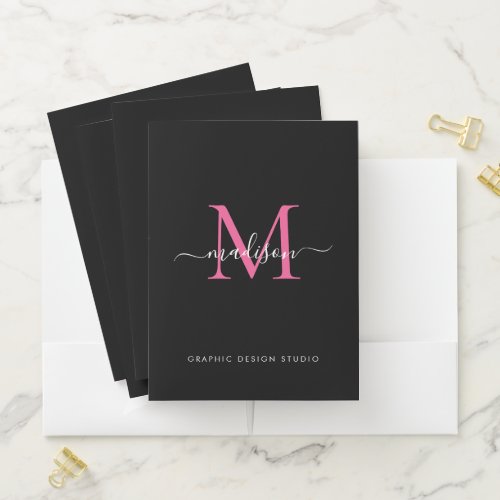 Stylish Black Pink Monogram Initial Script Name Pocket Folder