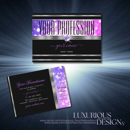Stylish Black Pink Purple Glitter Diamonds Silver Business Card