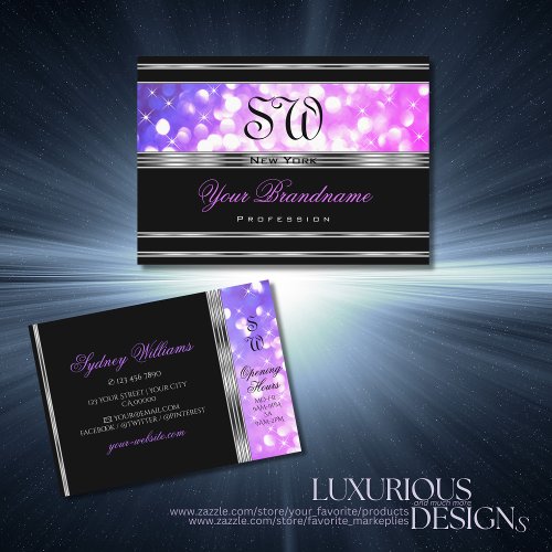 Stylish Black Pink Purple Glitter Initials Silver Business Card