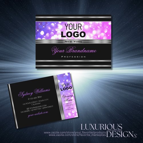 Stylish Black Pink Purple Glitter with Logo Silver Business Card