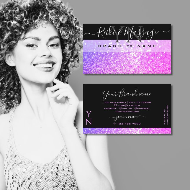 Stylish Black Pink Purple Sparkle Glitter Monogram Business Card (Creator Uploaded)