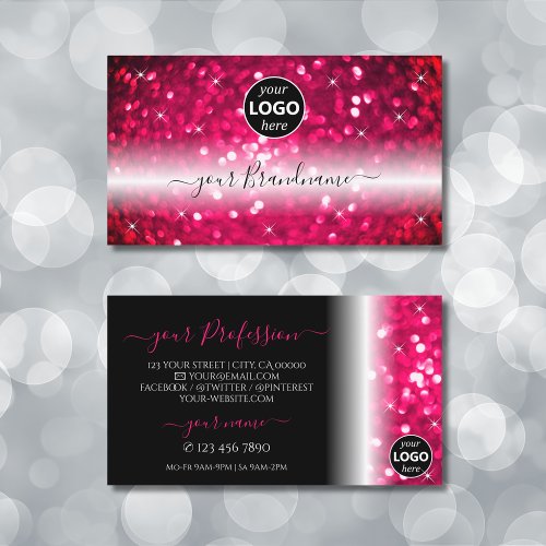 Stylish Black Pink Sparkling Glitter Add Logo Chic Business Card