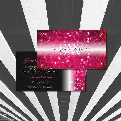 Stylish Black Pink Sparkling Glitter Initials Chic Business Card