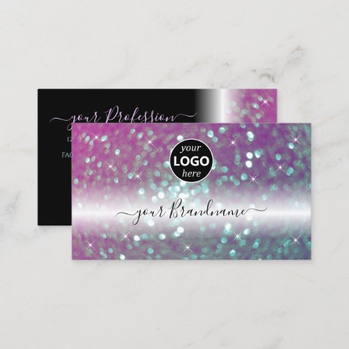 Stylish Black Pink Teal Sparkling Glitter Add Logo Business Card