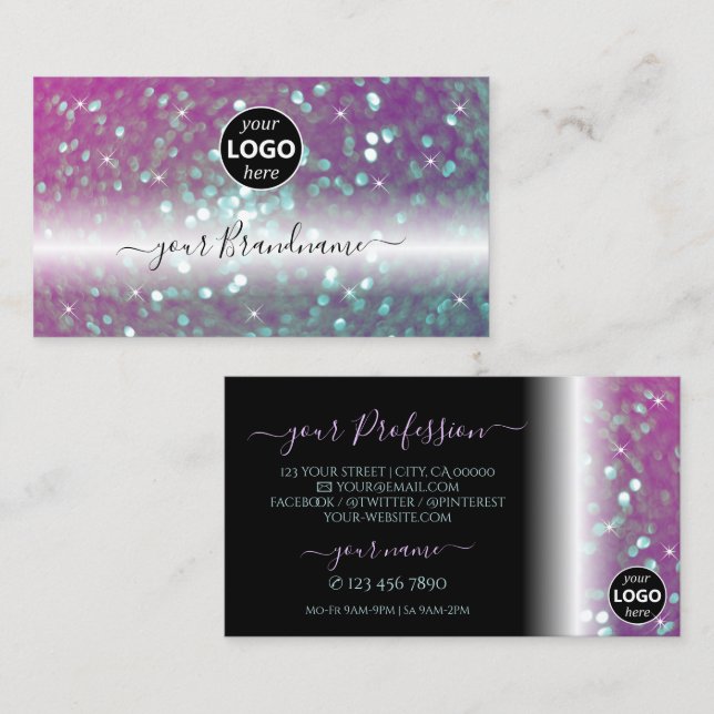 Stylish Black Pink Teal Sparkling Glitter Add Logo Business Card (Front/Back)
