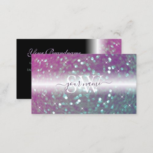 Stylish Black Pink Teal Sparkling Glitter Initials Business Card