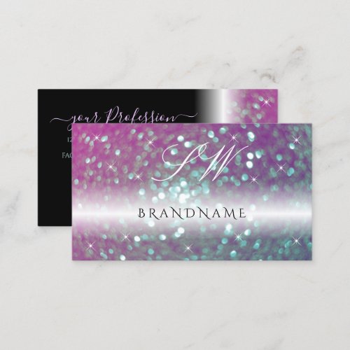 Stylish Black Pink Teal Sparkling Glitter Monogram Business Card