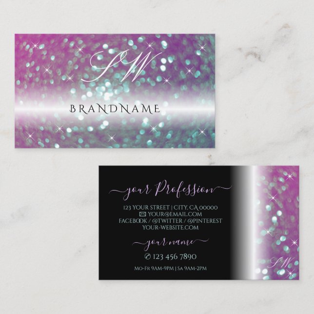 Stylish Black Pink Teal Sparkling Glitter Monogram Business Card (Front/Back)