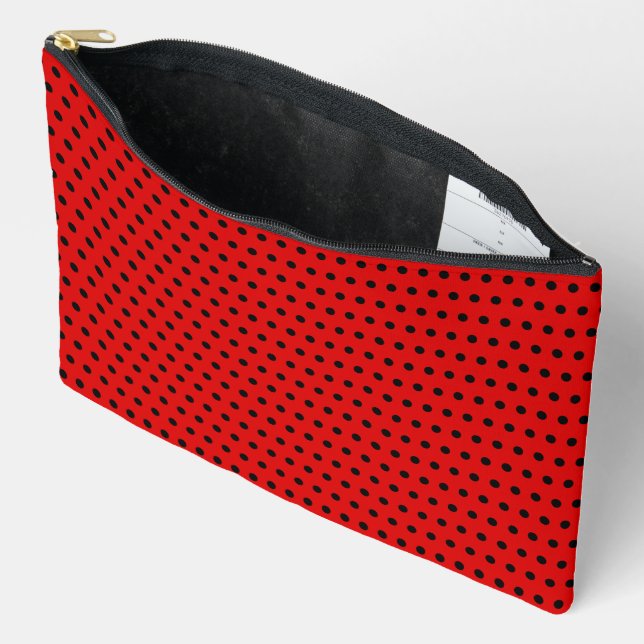 Stylish Black Polka Dots Pattern On Red Accessory Pouch (Open)