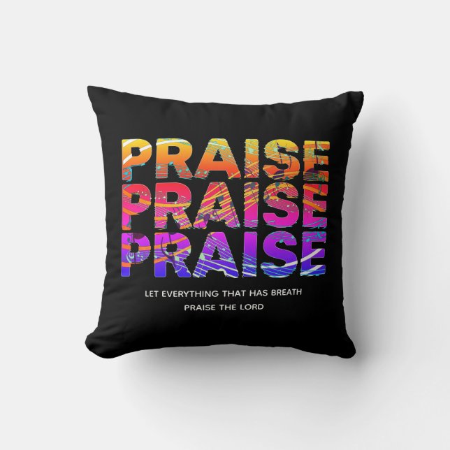 Stylish Black PRAISE Music Notes Christian Throw Pillow (Front)