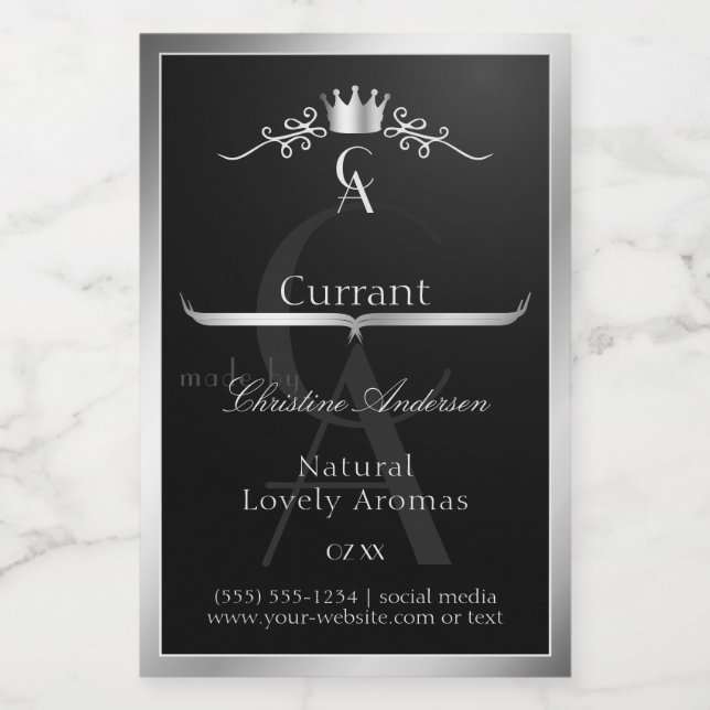 Stylish Black Product Label Silver Frame Monogram (Single Label)