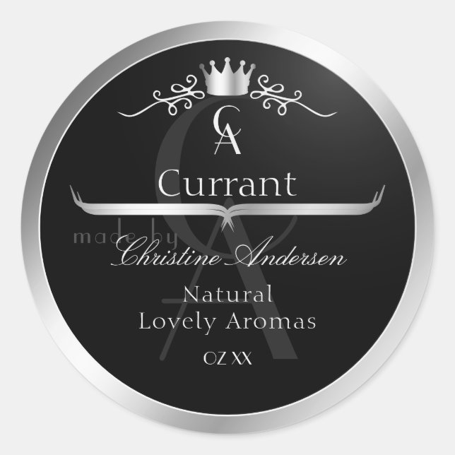 Stylish Black Product Label Silver Frame Monogram (Front)