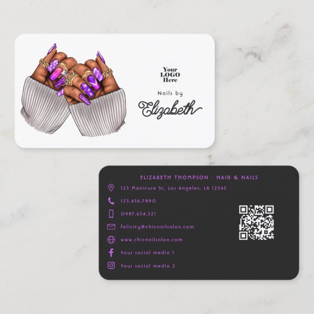 Stylish Black & Purple African American Nail Salon Business Card (Front/Back)
