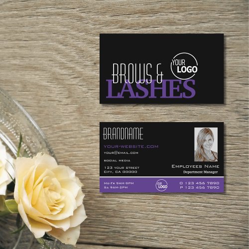 Stylish Black Purple Simple with Logo and Photo Business Card