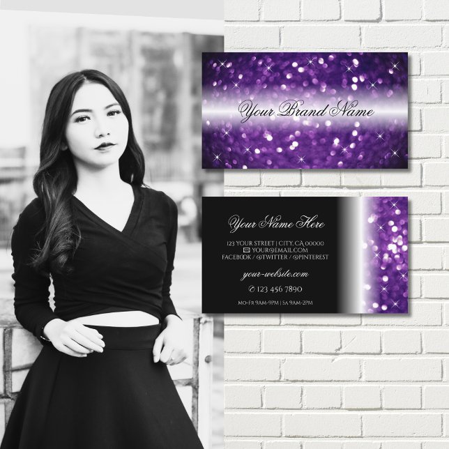 Stylish Black Purple Sparkling Glitter Glamorous Business Card (Creator Uploaded)