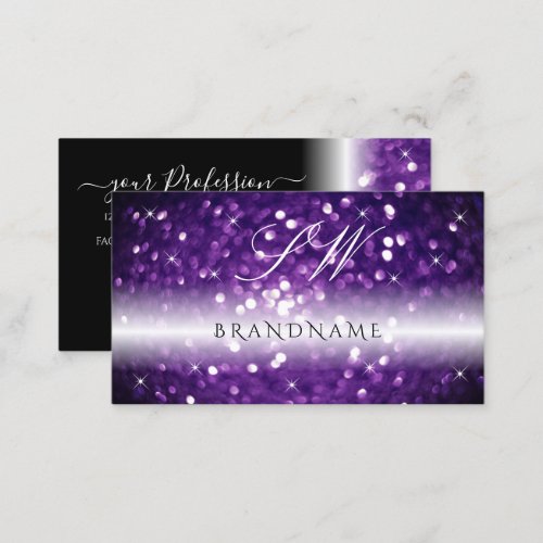 Stylish Black Purple Sparkling Glitter Initials Business Card