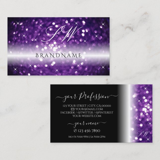 Stylish Black Purple Sparkling Glitter Initials Business Card (Front/Back)