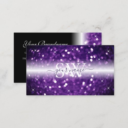 Stylish Black Purple Sparkling Glitter Monogram Business Card