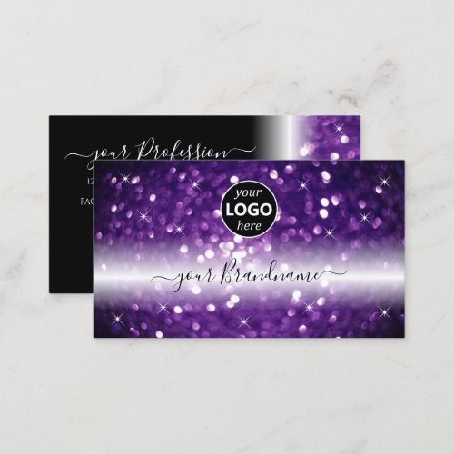 Stylish Black Purple Sparkling Glitter with Logo Business Card