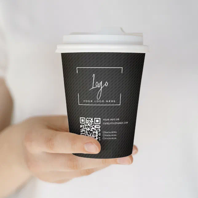 Stylish Black QR code Business Logo Minimal Paper Cups | Zazzle