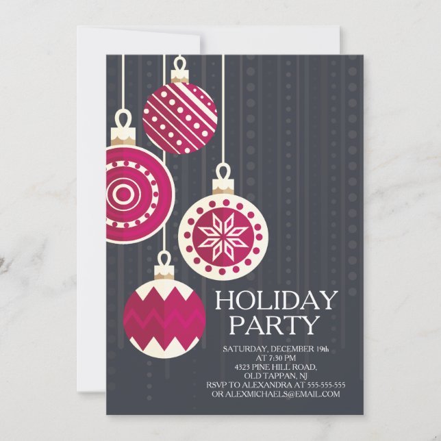 Stylish Black Red Christmas Balls Holiday Party Invitation (Front)