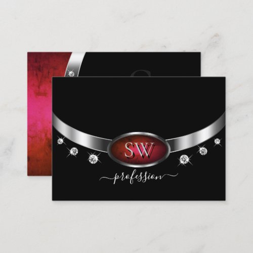 Stylish Black Red Marble and Silver with Monogram Business Card