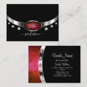 Stylish Black Red Marble Silver Ornate Monogram Business Card