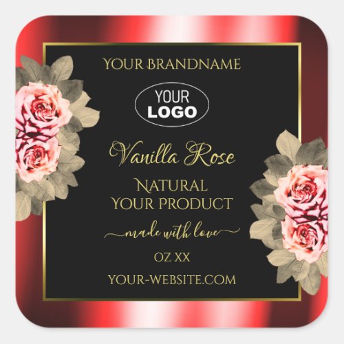 Stylish Black Red Product Labels Floral Roses Logo