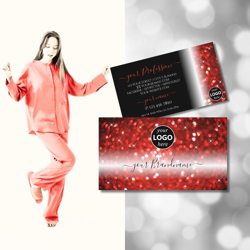 Stylish Black Red Sparkle Glitter with Logo Modern Business Card