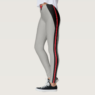 Stylish Black & Red Striped on Light Silver Gray Leggings