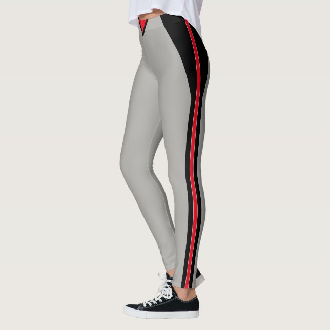 Stylish Black & Red Striped on Light Silver Gray Leggings (Left)