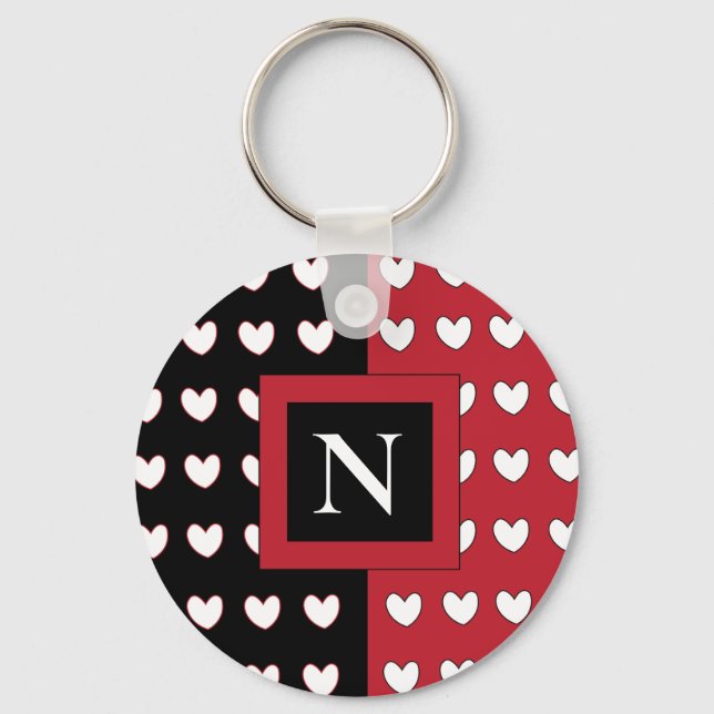 Stylish Black Red White Hearts Monogram Keychain (Front)