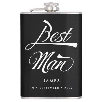 Stylish Black Retro Typography Best Man Groomsmen Flask by AtelierAdair at Zazzle