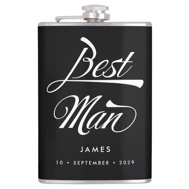 Stylish Black Retro Typography Best Man Groomsmen Flask (Front)