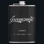 Stylish Black Retro Typography Groomsmen Wedding Flask<br><div class="desc">This personalized flask makes a stylish vintage inspired groomsmen gift. Funky retro inspired font in white on black background and your name and date of choice! Want more wedding items in this style? Drop me a message!</div>