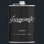 Stylish Black Retro Typography Groomsmen Wedding Flask<br><div class="desc">This personalized flask makes a stylish vintage inspired groomsmen gift. Funky retro inspired font in white on black background and your name and date of choice! Want more wedding items in this style? Drop me a message!</div>