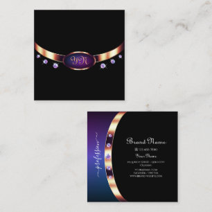 Stylish Black Rose Gold and Purple with Initials Square Business Card