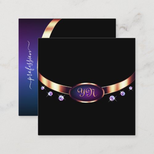 Stylish Black Rose Gold and Purple with Initials Square Business Card